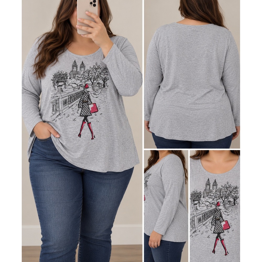 Heather Gray Long Sleeve Graphic Top with Sequin Accents City Park Scene